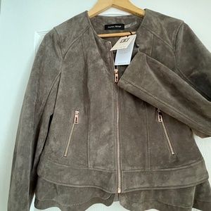 Ivanka Trump Jacket Women's M Faux Suede Zip Front Ruffled Bomber Taupe/Brown